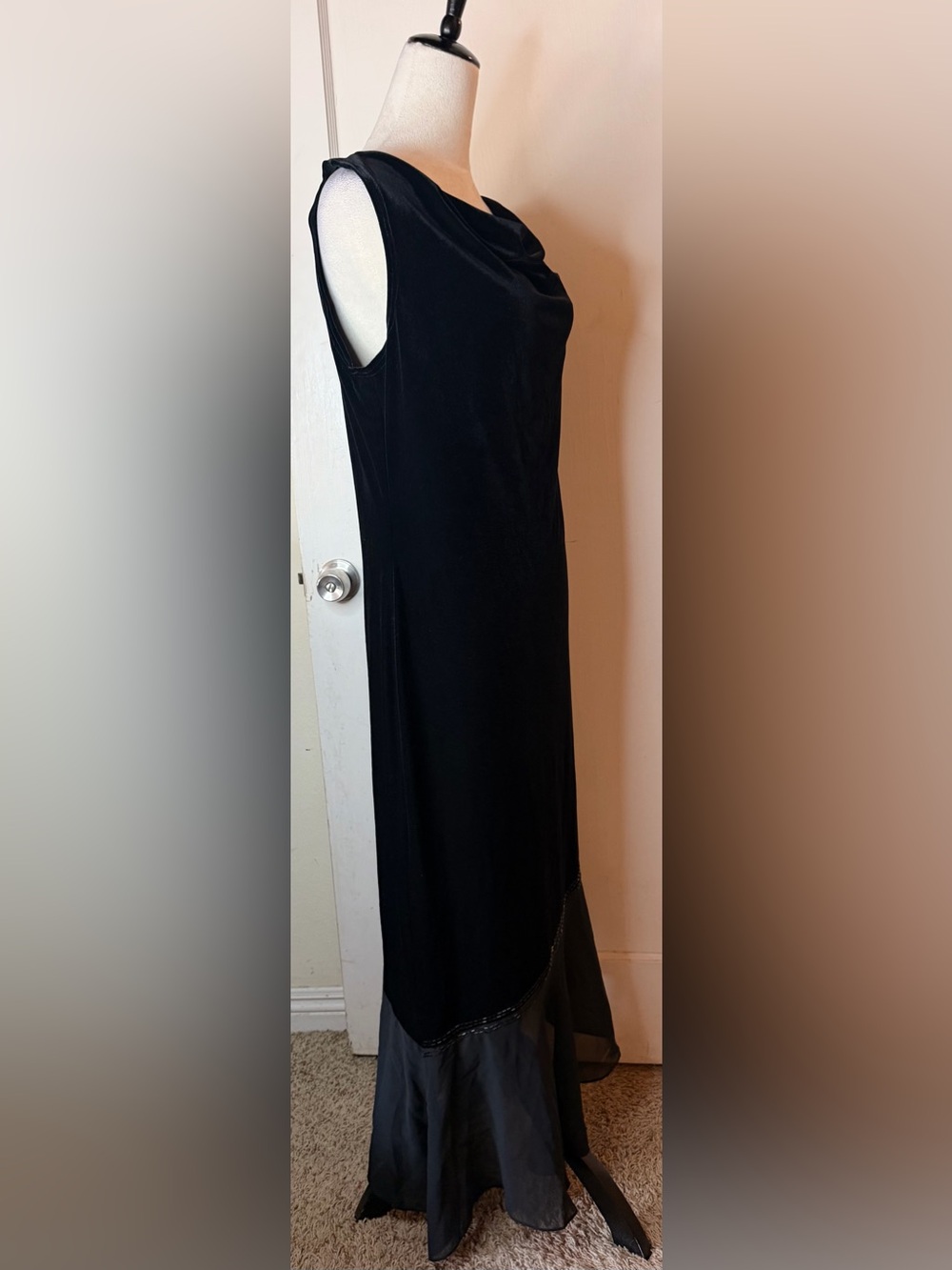 Vintage 90’s Jessica Howard Black Velvet Maxi Dress with Asymmetrical Sheer Hem